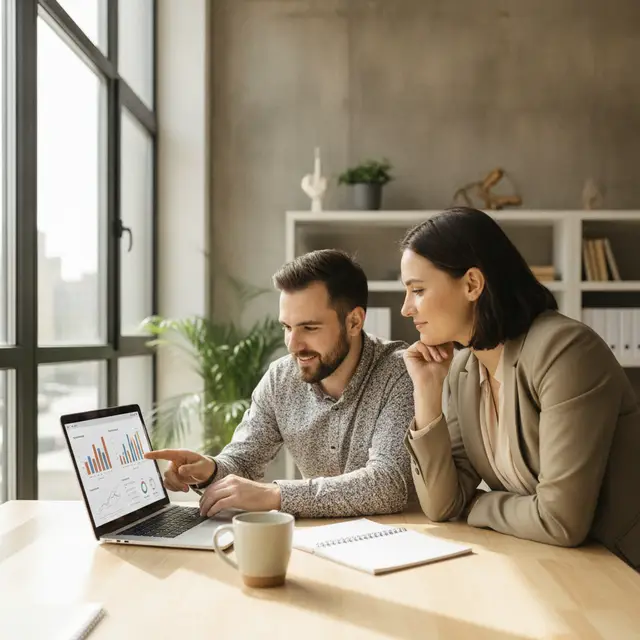 A business owner and a web designer reviewing website visitor charts on a laptop