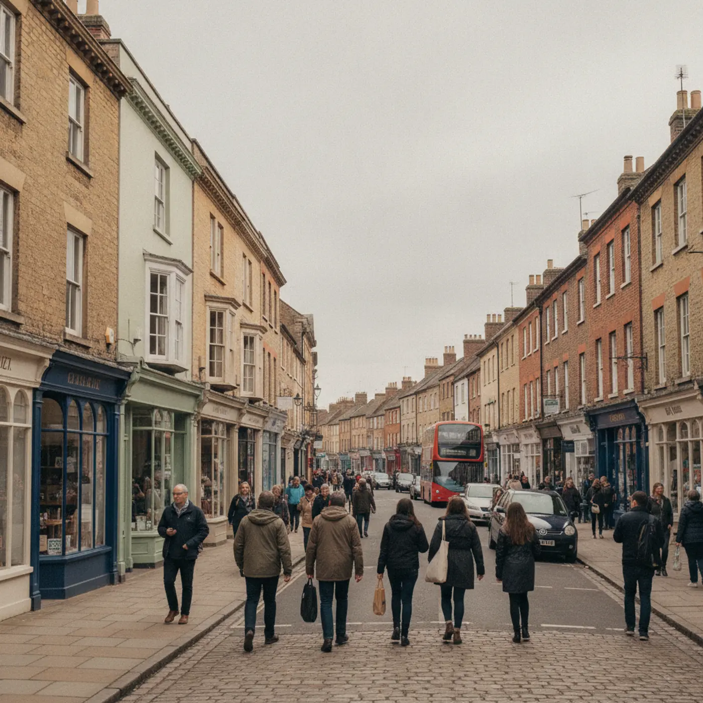 Shoppers on a historic English high street lined with independent shopfronts