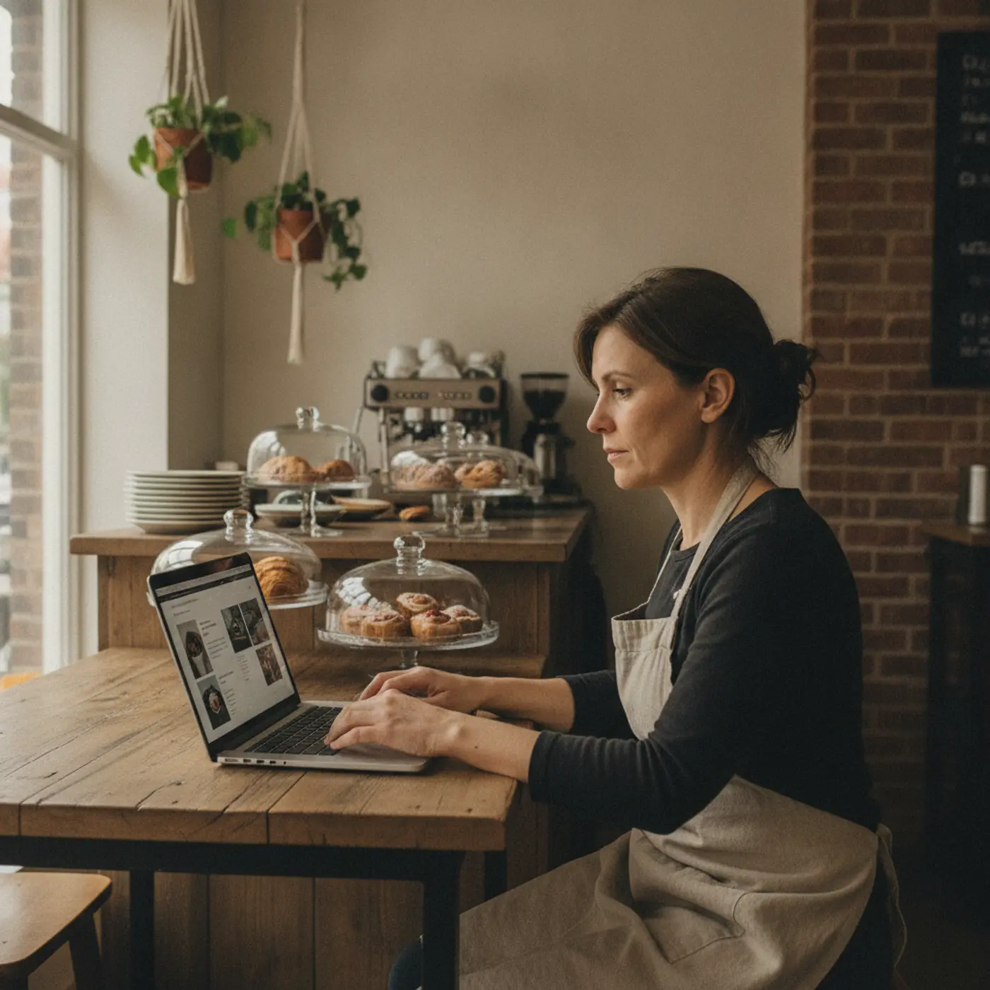 A cafe owner checking her business website on a laptop at a table in her cafe
