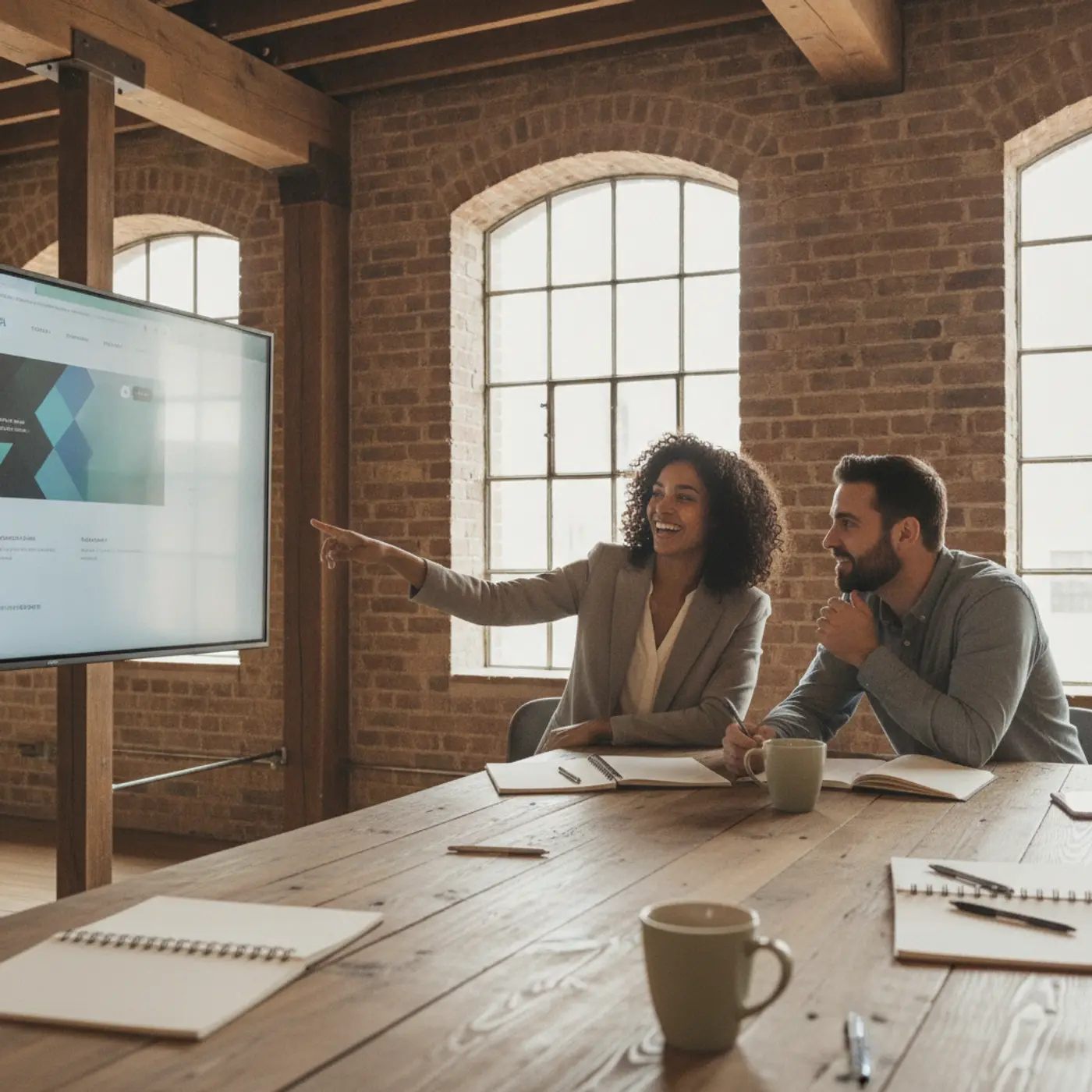 Two people in a converted warehouse office discussing a website on a large screen