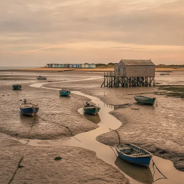 Wooden sheds and small boats on muddy creeks at low tide, with beach huts beyond