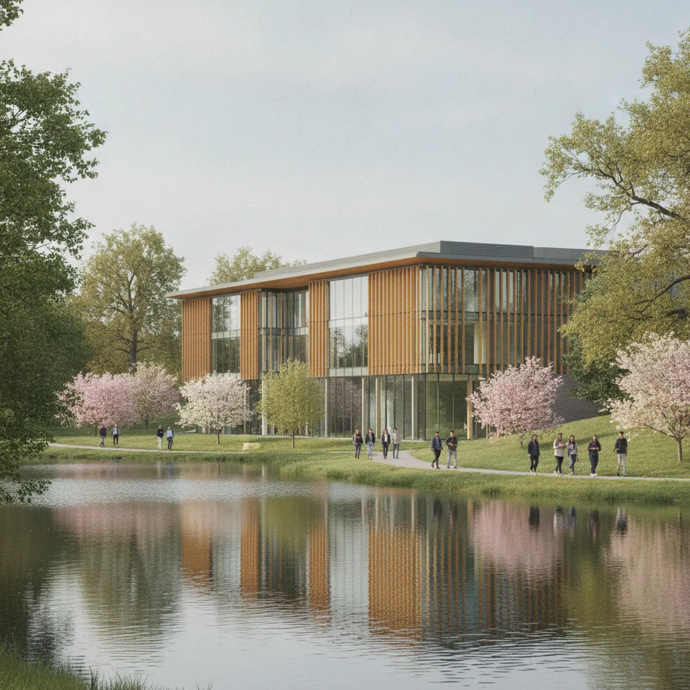 A modern research building beside parkland and a lake on a university campus