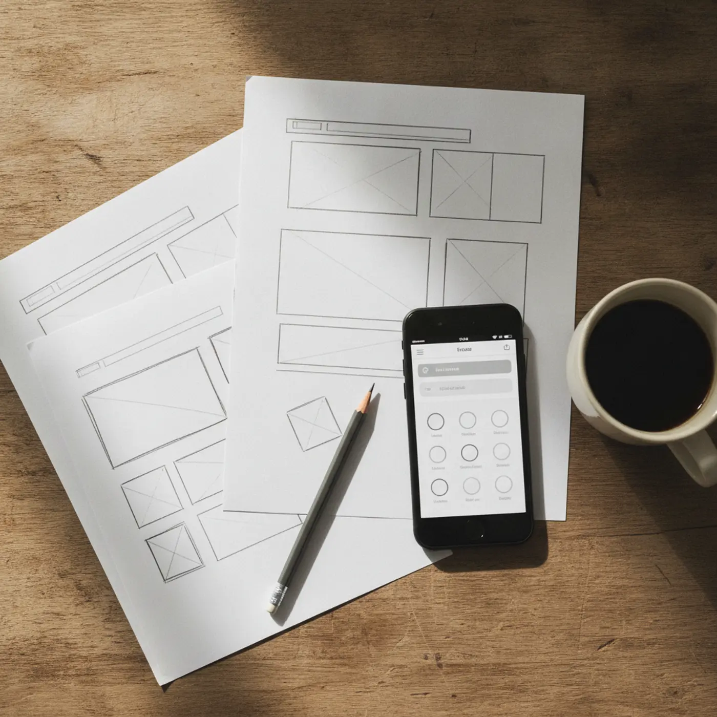 Paper website wireframe sketches on a desk beside a phone and a coffee cup