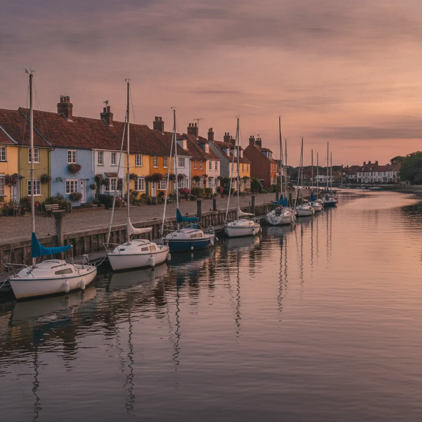 Small sailing boats moored at a riverside quay lined with colourful cottages