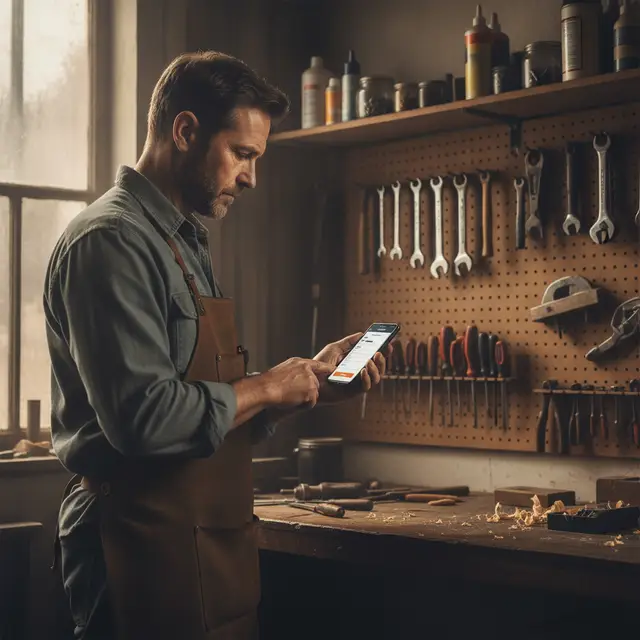 A tradesman holding a smartphone in a workshop with tools on the wall